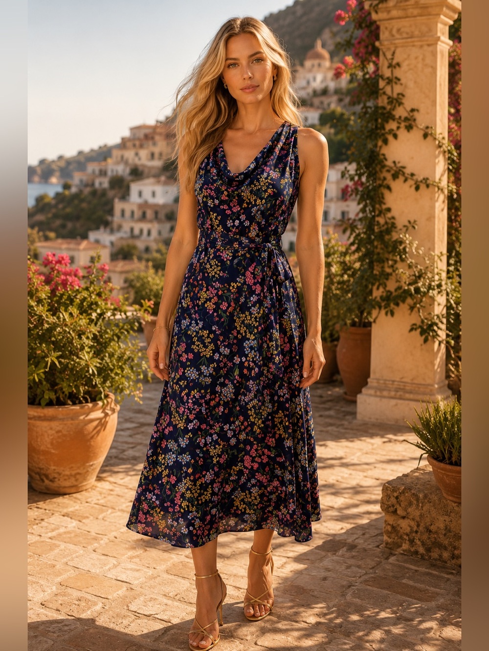 Leota Navy Floral Cowl-Neck Midi Dress with Tie Waist - Picture 1 of 11